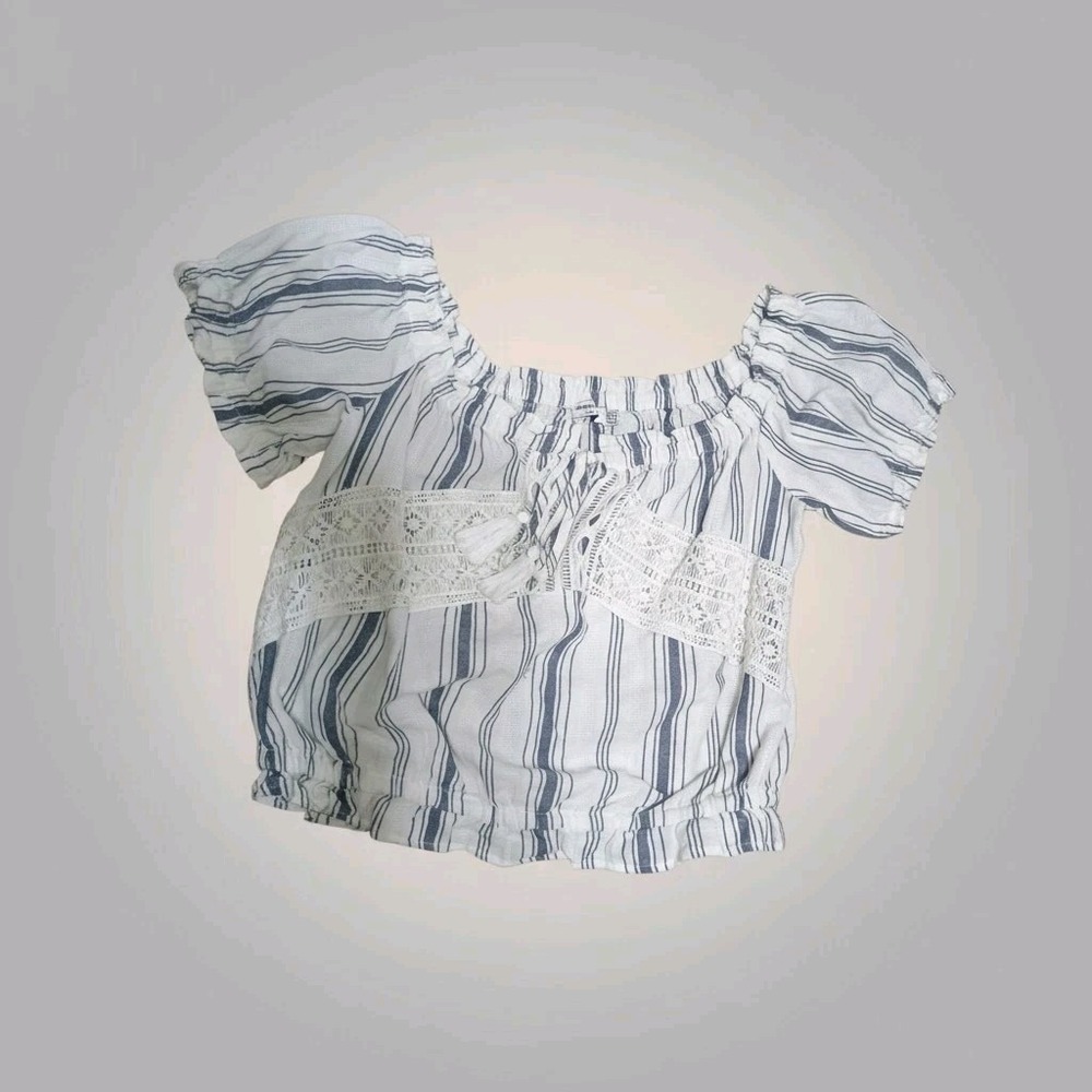 Bershka BSK GIRLS Kids Med Cotton White Blue Striped Peasant‎ Cropped Blouse